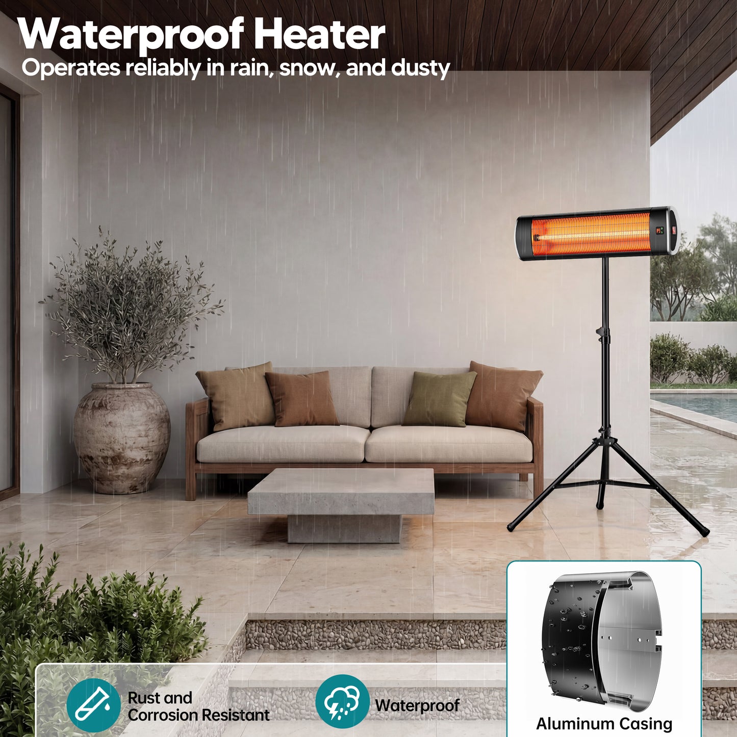 1500W Electric Patio Heater for Outdoor with Tripod, Waterproof, Remote Control, Tip-Over Protection, Black