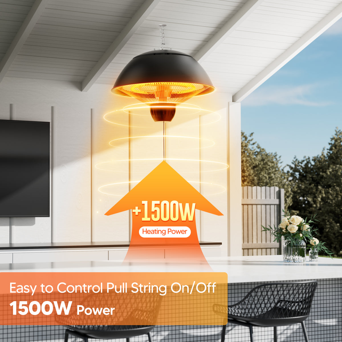 Danluke 1500W Electric Patio Heater, Ceiling Mounted Hanging Infrared Heater with Carbon Fiber Heating, Black