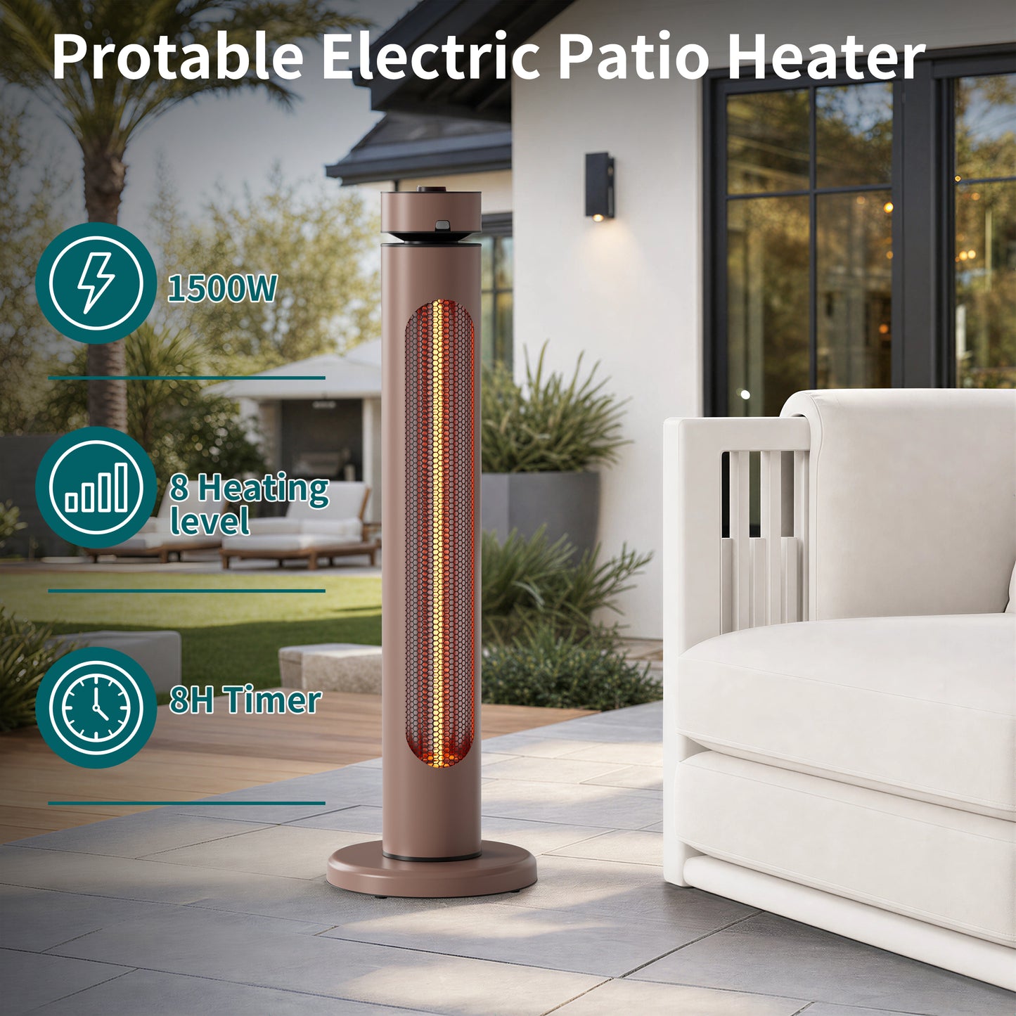 1500W Portable Infrared Heater, 8 Heat Levels, 8H Timers, Carbon Fiber Tube, Waterproof, Brown