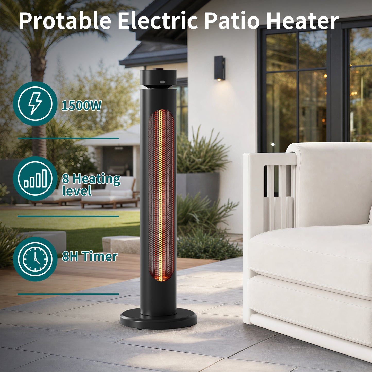1500W Portable Infrared Heater, 8 Heat Levels, 8H Timers, Carbon Fiber Tube, Waterproof, Black
