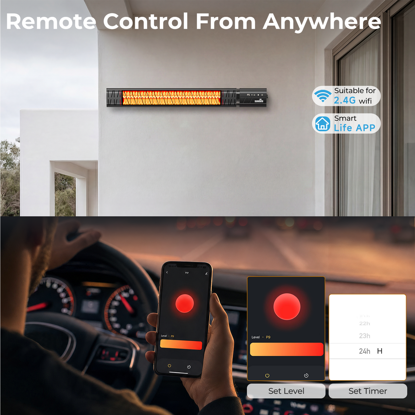 1500W Wall-Mounted Infrared Heater with Remote Control, Wifi Control, 9 Heat Levels, 24H Timers