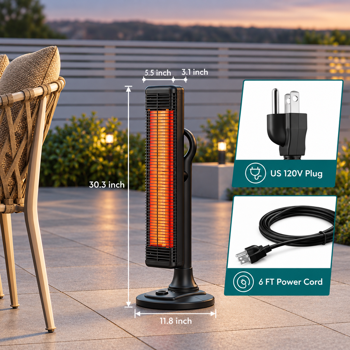Danluke Portable Electric Patio Heater, Infrared Heater with Carry Handle, 50° Oscillation, 1000W, Black
