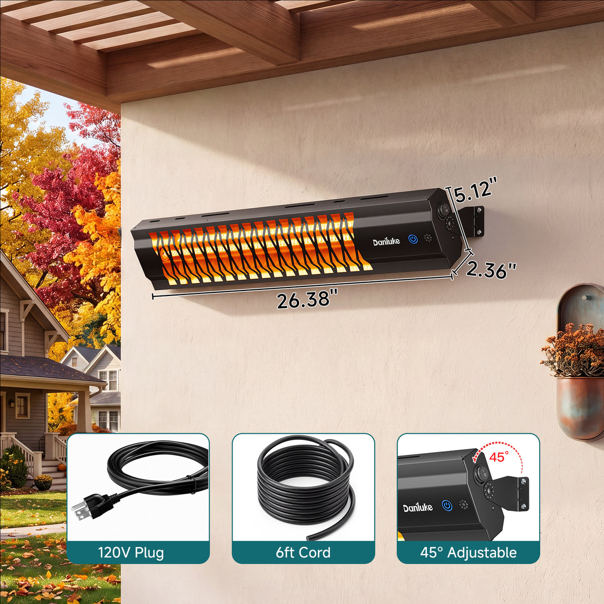 Danluke 1500W Infrared Patio Heater, Wall Mounted, Remote Control, Carbon Fiber, Black