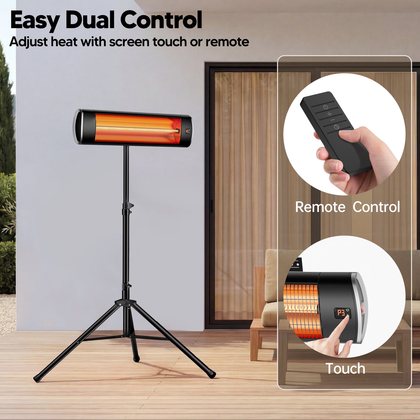1500W  Electric Patio Heater for Outdoor with Tripod, Waterproof, Remote Control, Tip-Over Protection, Black