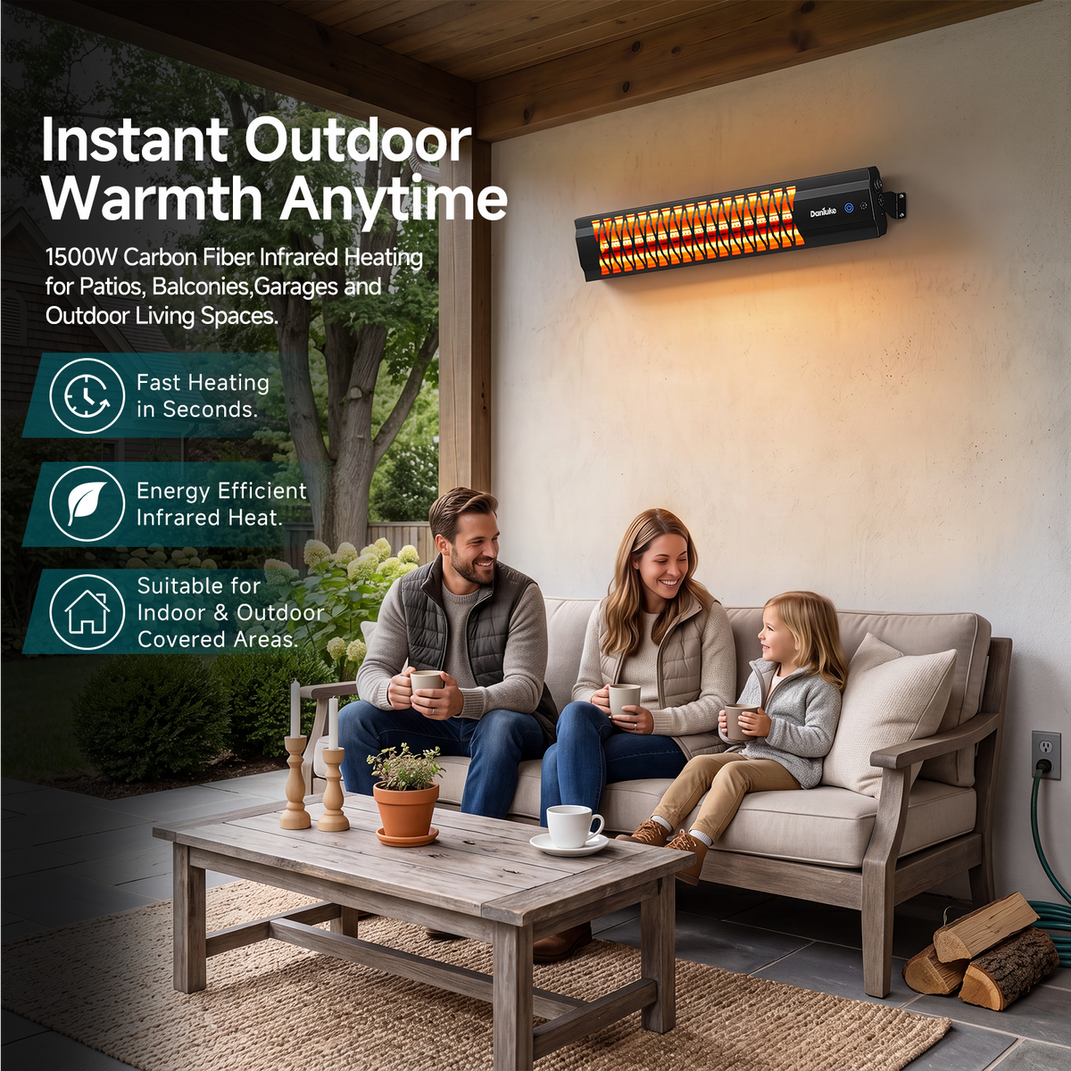 Danluke 1500W Infrared Patio Heater, Wall Mounted, Remote Control, Carbon Fiber, Black