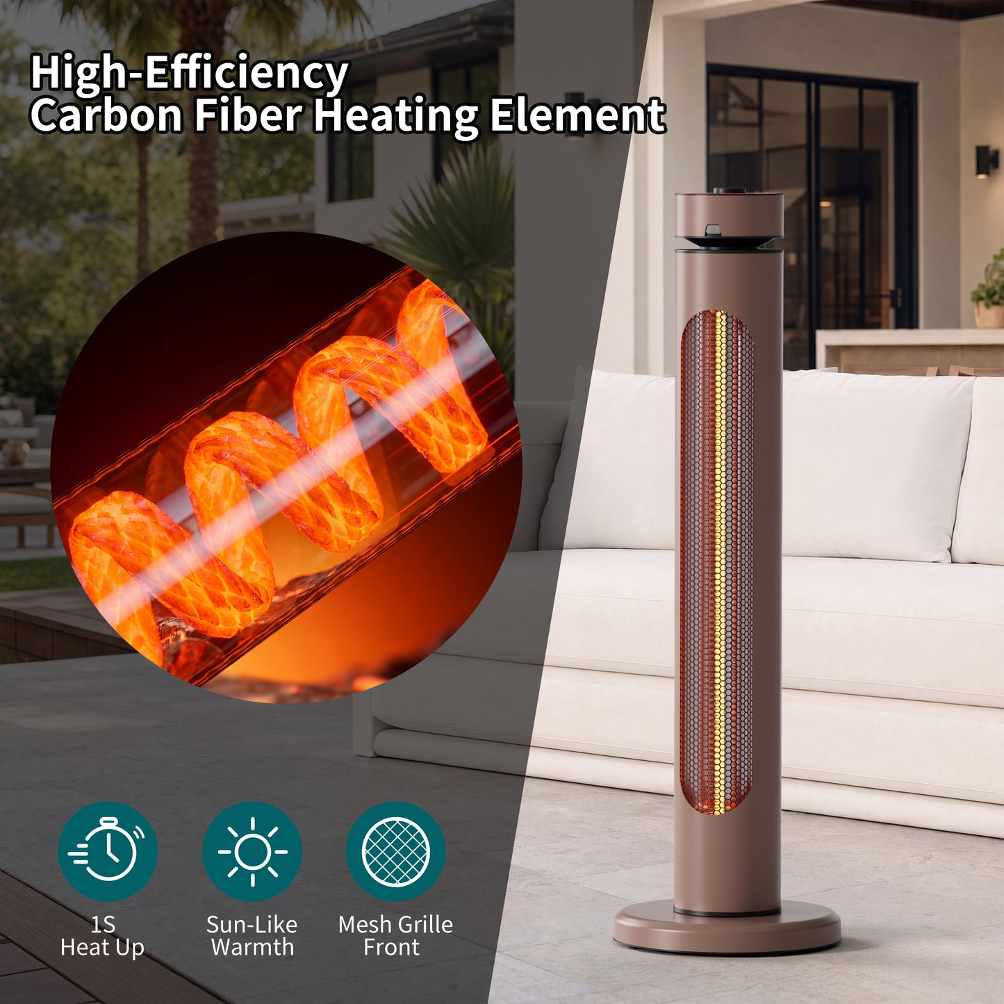 1500W Portable Infrared Heater, 8 Heat Levels, 8H Timers, Carbon Fiber Tube, Waterproof, Brown