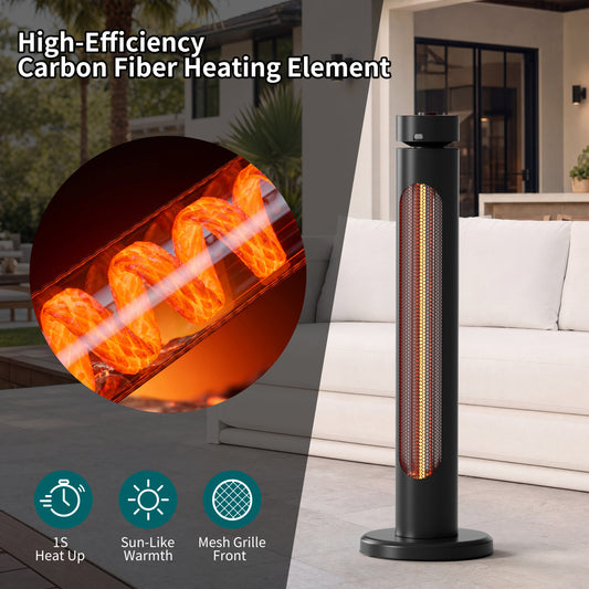 1500W Portable Infrared Heater, 8 Heat Levels, 8H Timers, Carbon Fiber Tube, Waterproof, Black