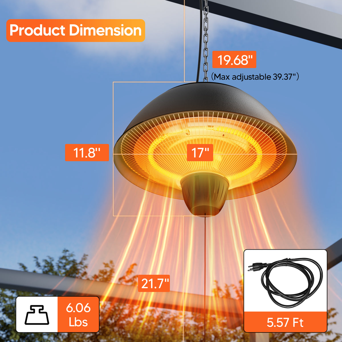 Danluke 1500W Electric Patio Heater, Ceiling Mounted Hanging Infrared Heater with Carbon Fiber Heating, Black