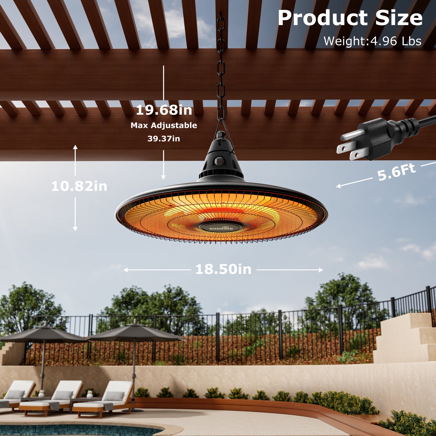 1500W Hanging Heater with Remote Control, Waterproof, Black