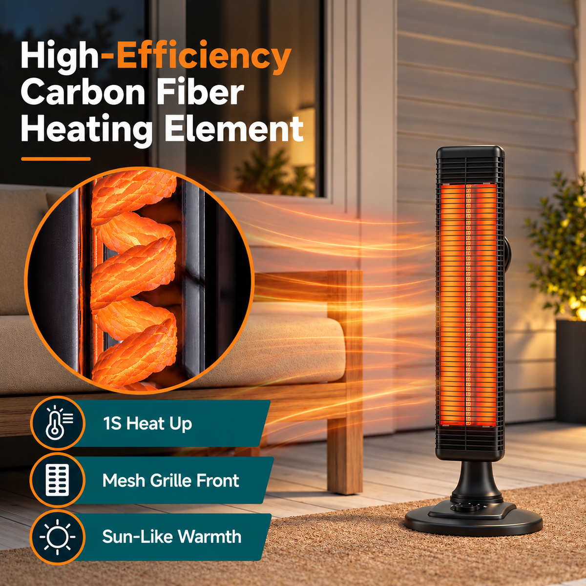 Danluke Portable Electric Patio Heater, Infrared Heater with Carry Handle, 50° Oscillation, 1000W, Black