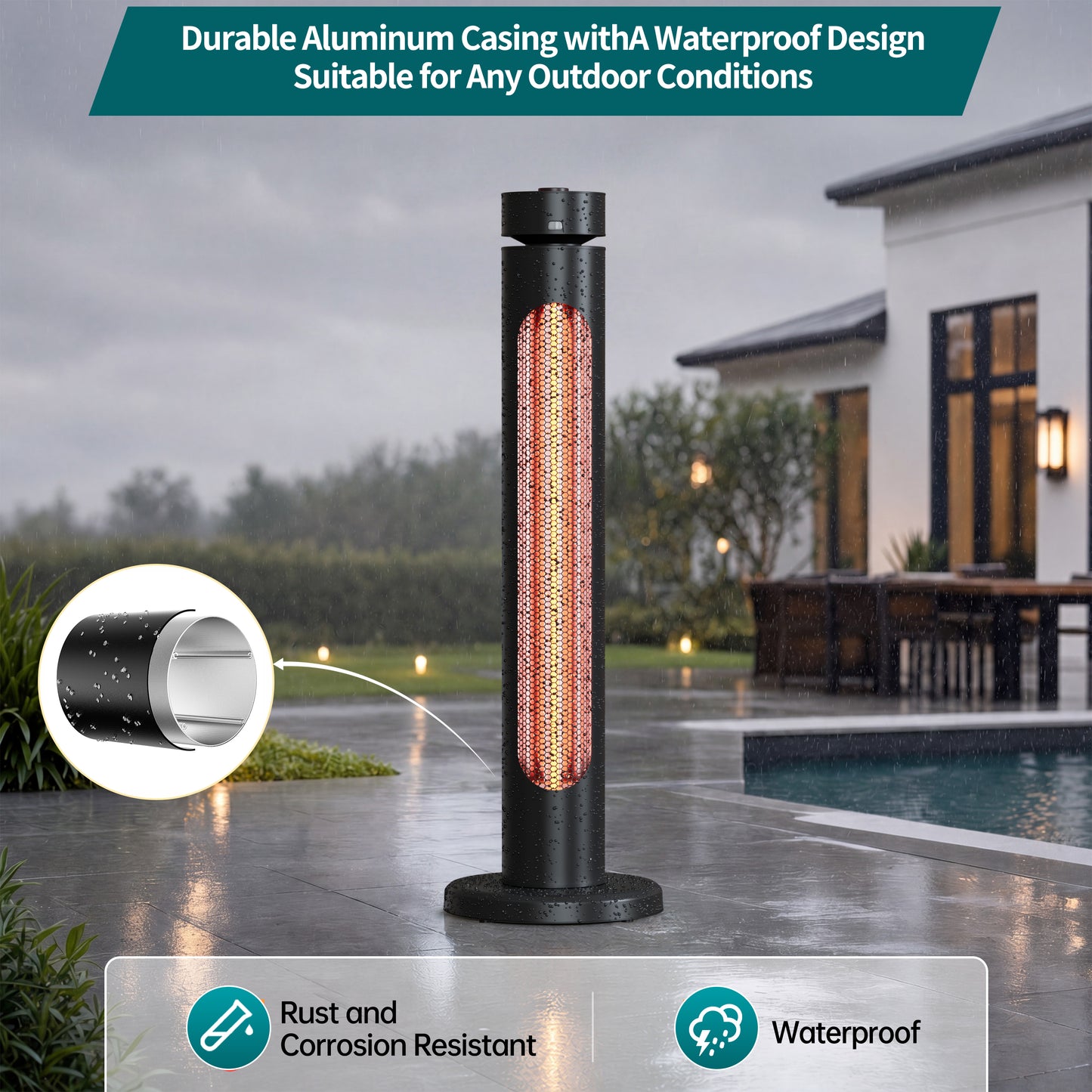 1500W Portable Infrared Heater, 8 Heat Levels, 8H Timers, Carbon Fiber Tube, Waterproof, Black