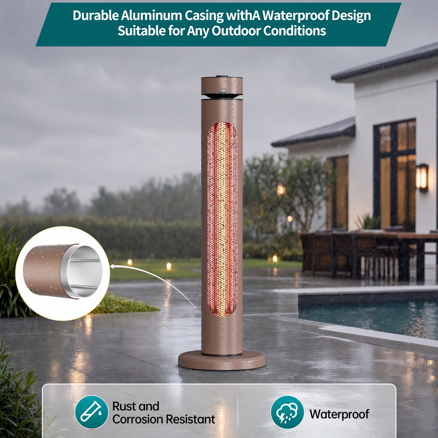 1500W Portable Infrared Heater, 8 Heat Levels, 8H Timers, Carbon Fiber Tube, Waterproof, Brown