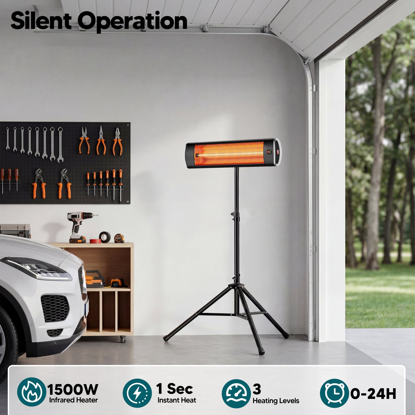 1500W  Electric Patio Heater for Outdoor with Tripod, Waterproof, Remote Control, Tip-Over Protection, Black
