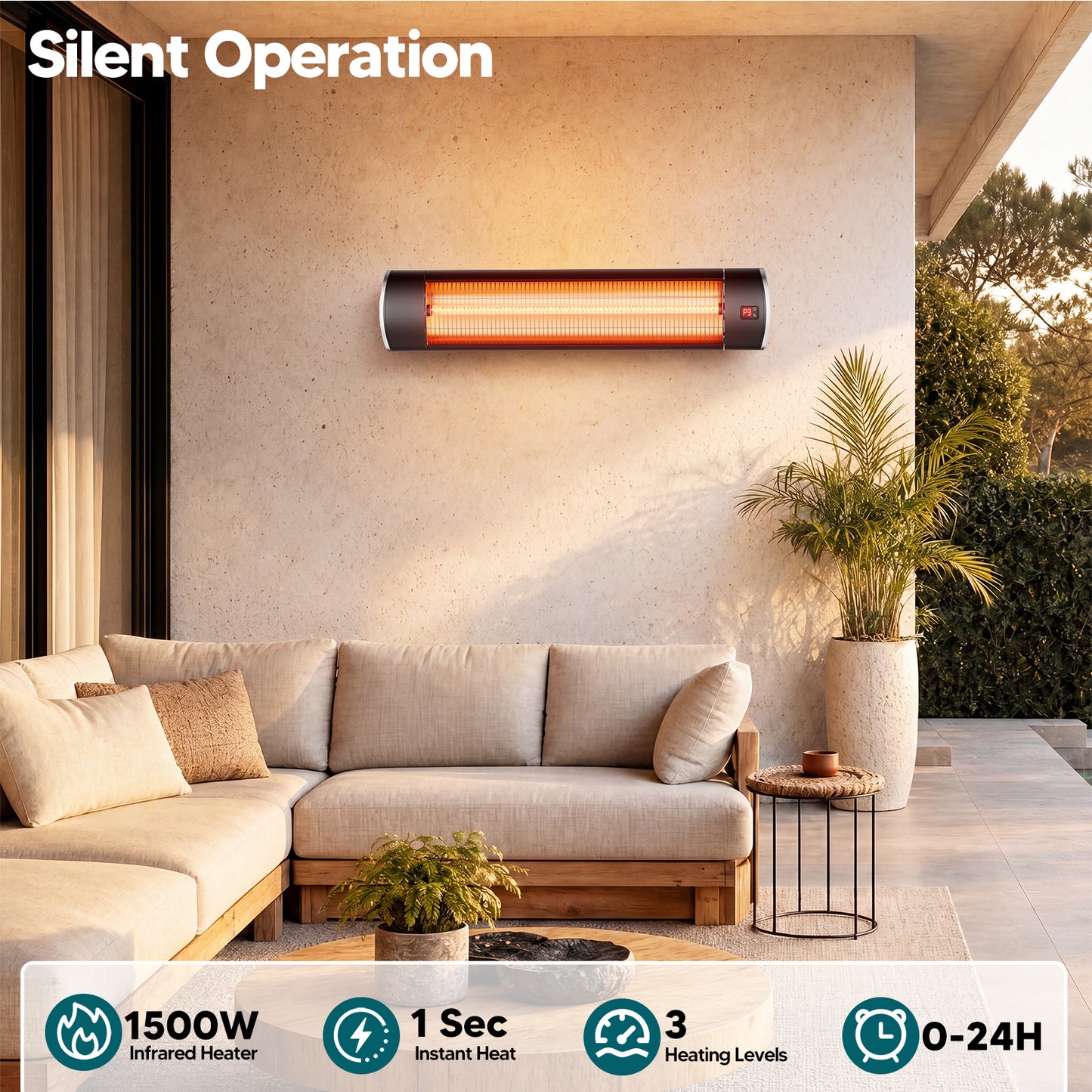 1500W Wall-Mounted Electric Patio Heater for Outdoor, 3 Heat Levels, 24H Timers, 1s Heating Carbon Fiber Tube, Black