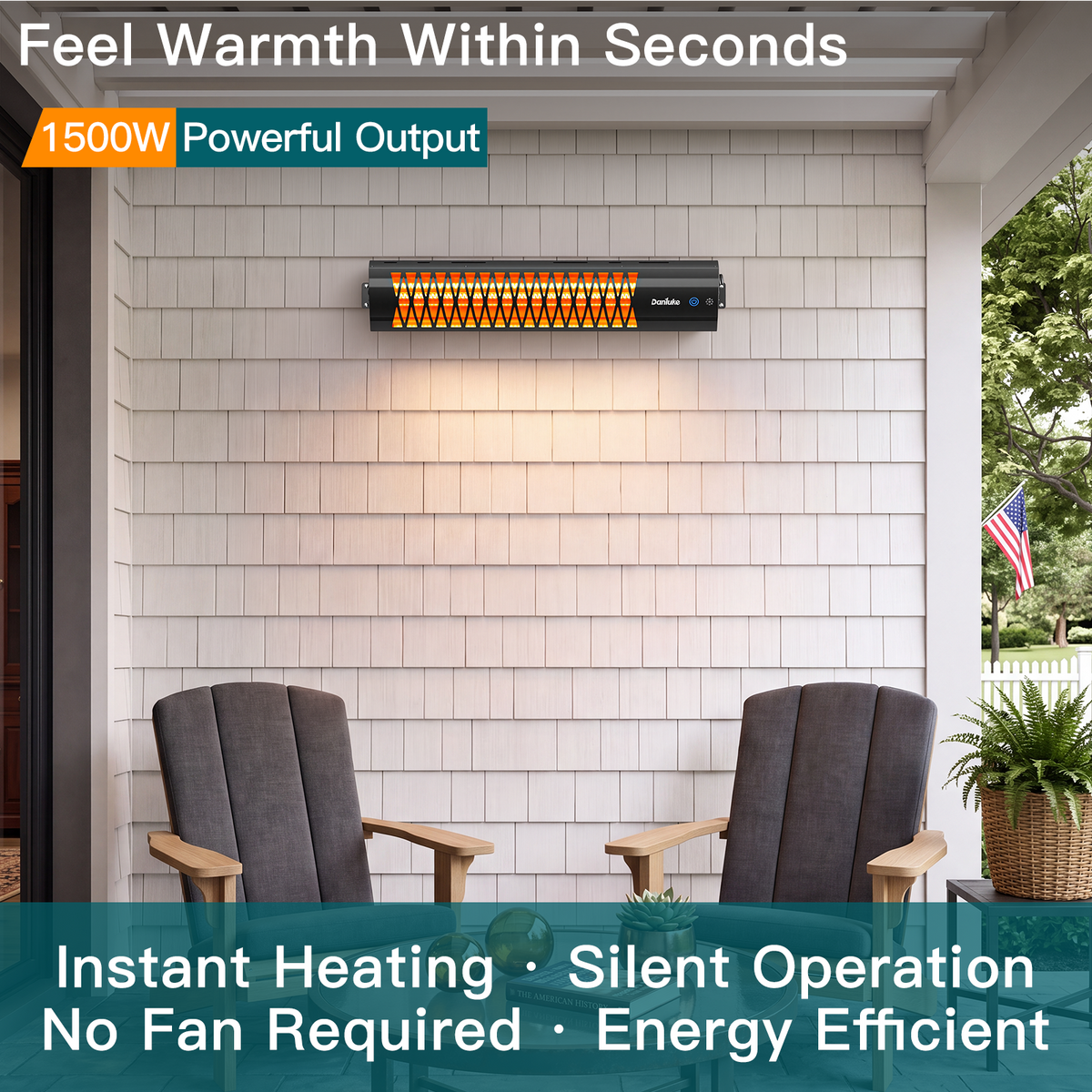 Danluke 1500W Infrared Patio Heater, Wall Mounted, Remote Control, Carbon Fiber, Black