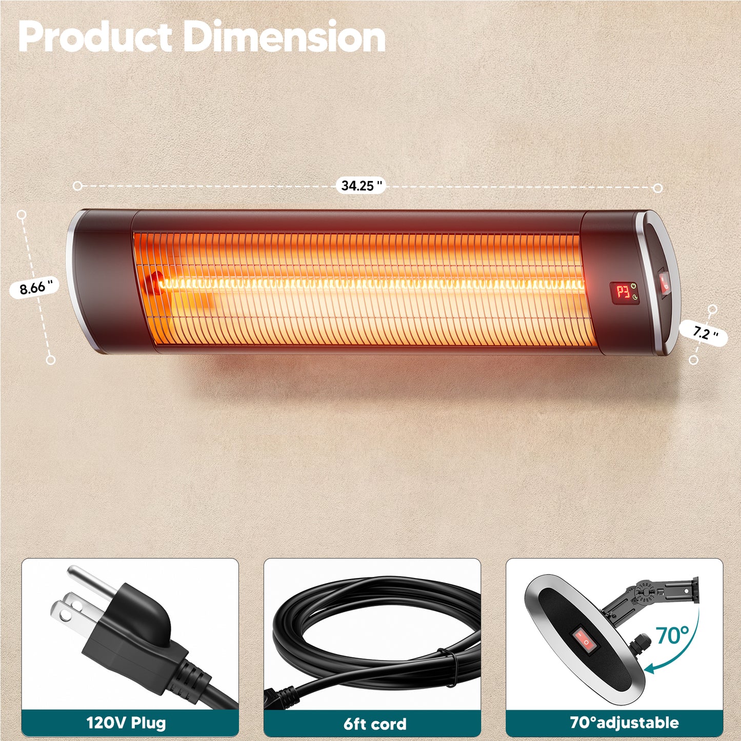 1500W Wall-Mounted Electric Patio Heater for Outdoor, 3 Heat Levels, 24H Timers, 1s Heating Carbon Fiber Tube, Black