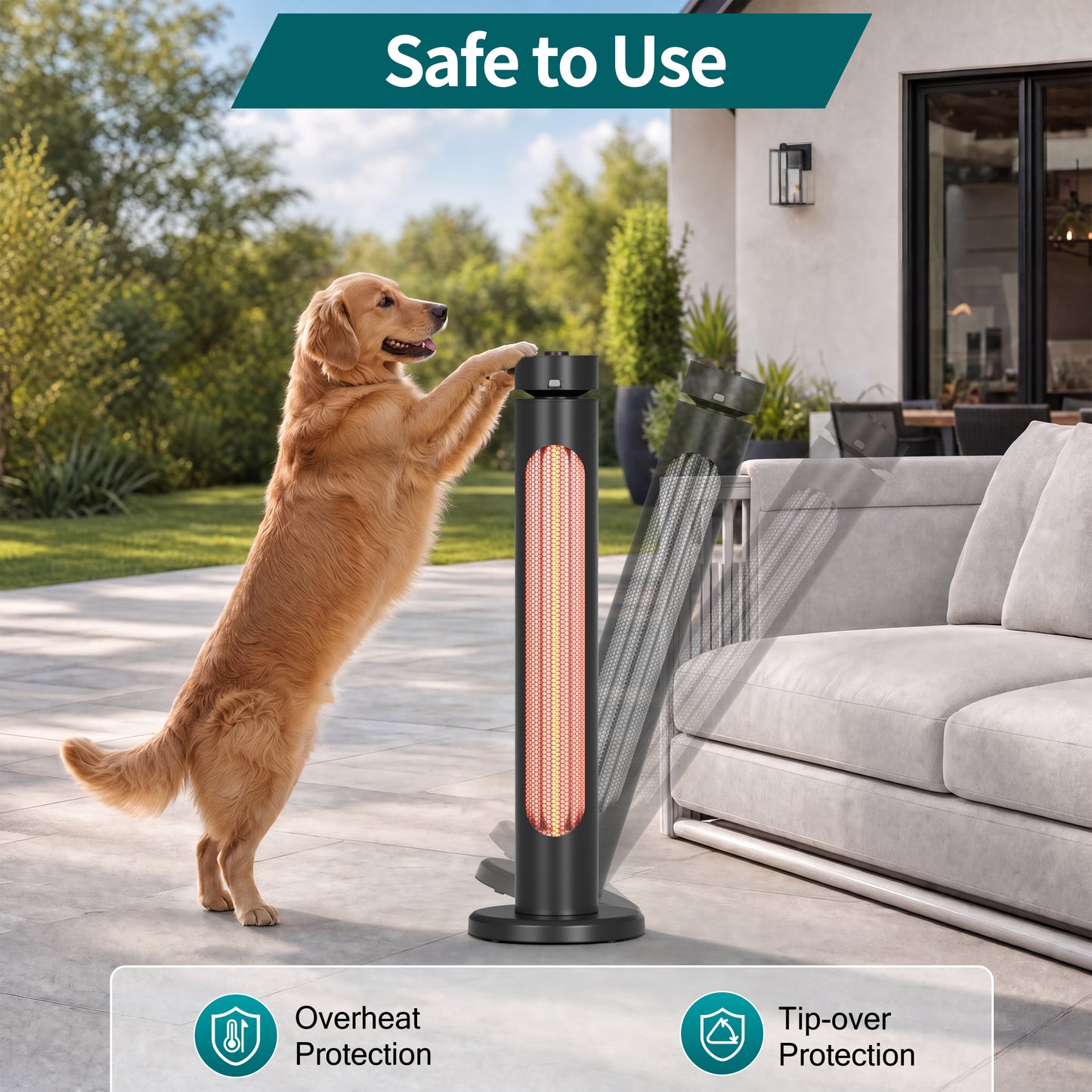 1500W Portable Infrared Heater, 8 Heat Levels, 8H Timers, Carbon Fiber Tube, Waterproof, Black