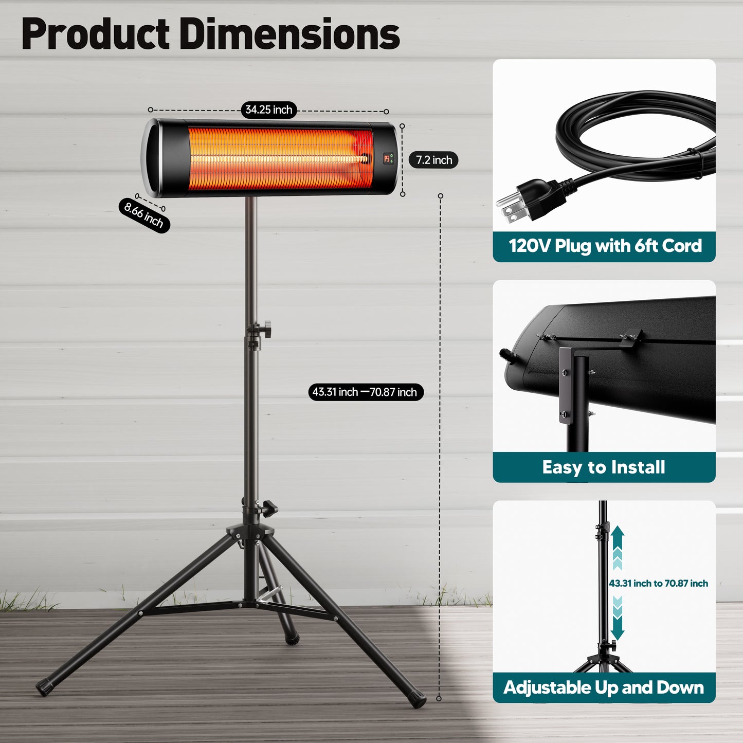 1500W  Electric Patio Heater for Outdoor with Tripod, Waterproof, Remote Control, Tip-Over Protection, Black