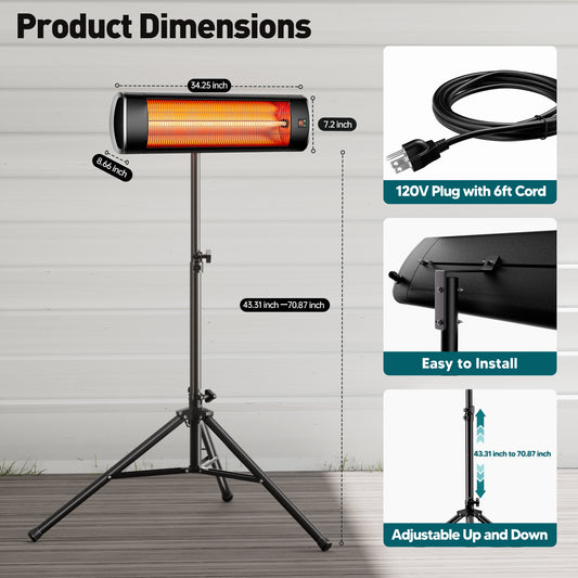 1500W  Electric Patio Heater for Outdoor with Tripod, Waterproof, Remote Control, Tip-Over Protection, Black