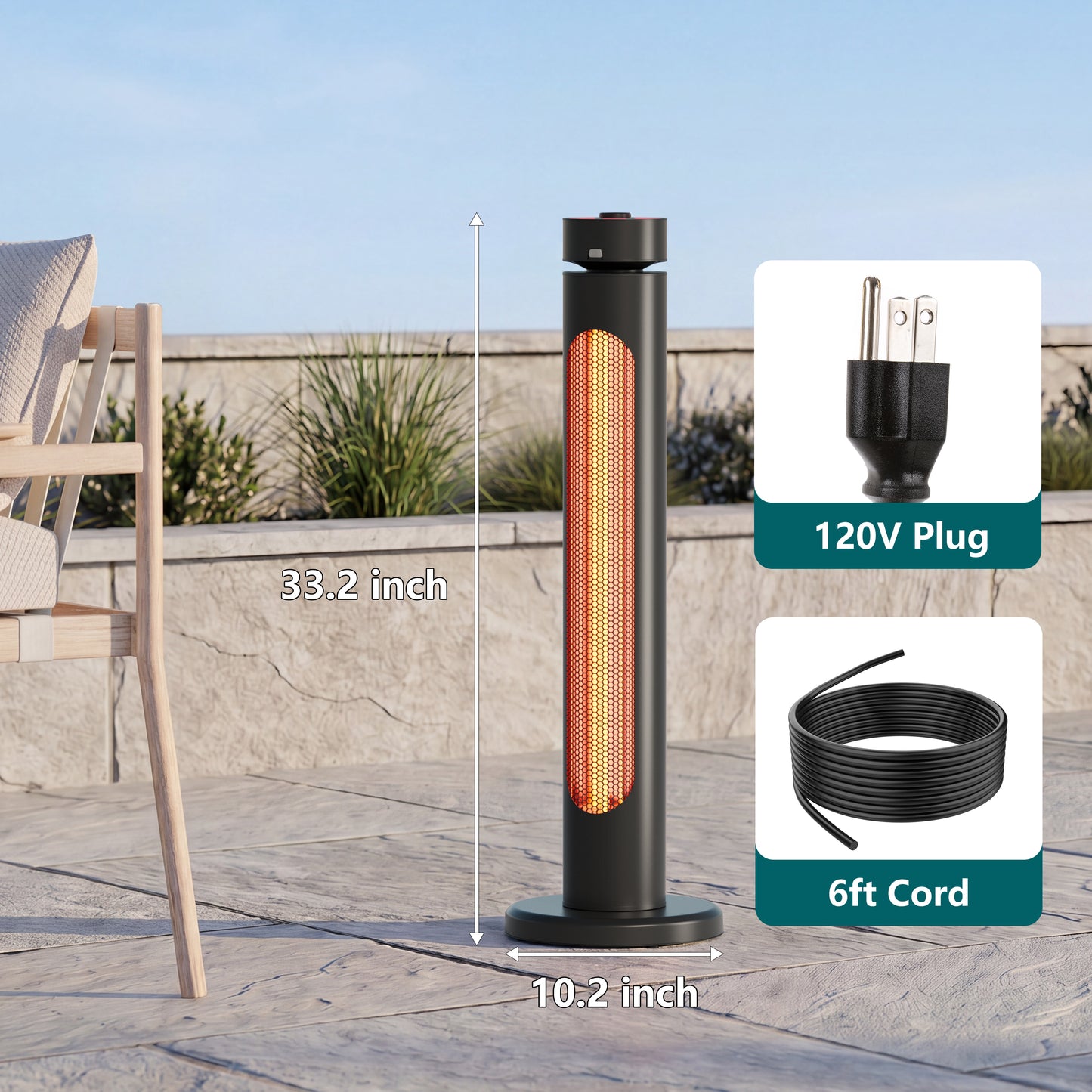 1500W Portable Infrared Heater, 8 Heat Levels, 8H Timers, Carbon Fiber Tube, Waterproof, Black
