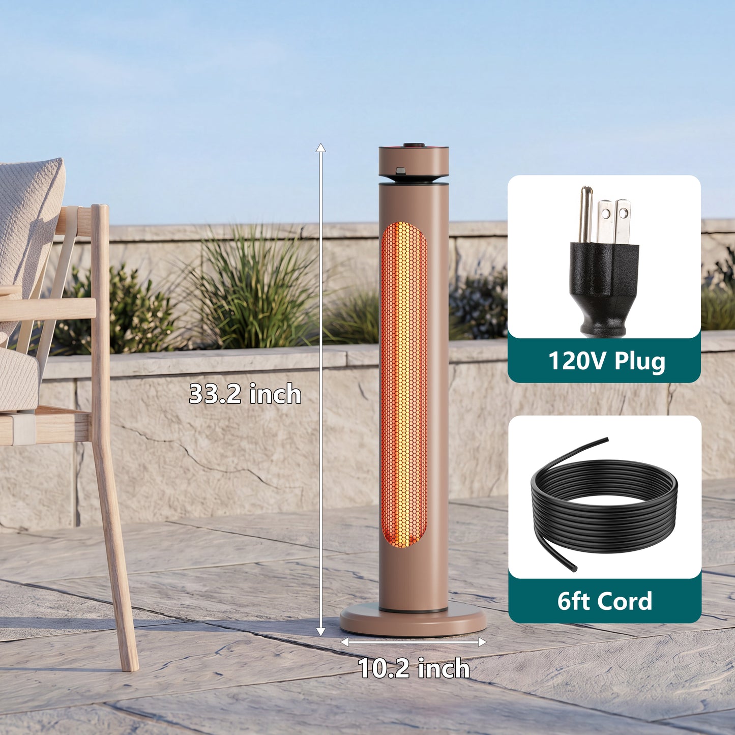 1500W Portable Infrared Heater, 8 Heat Levels, 8H Timers, Carbon Fiber Tube, Waterproof, Brown