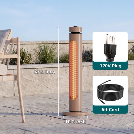 1500W Portable Infrared Heater, 8 Heat Levels, 8H Timers, Carbon Fiber Tube, Waterproof, Brown