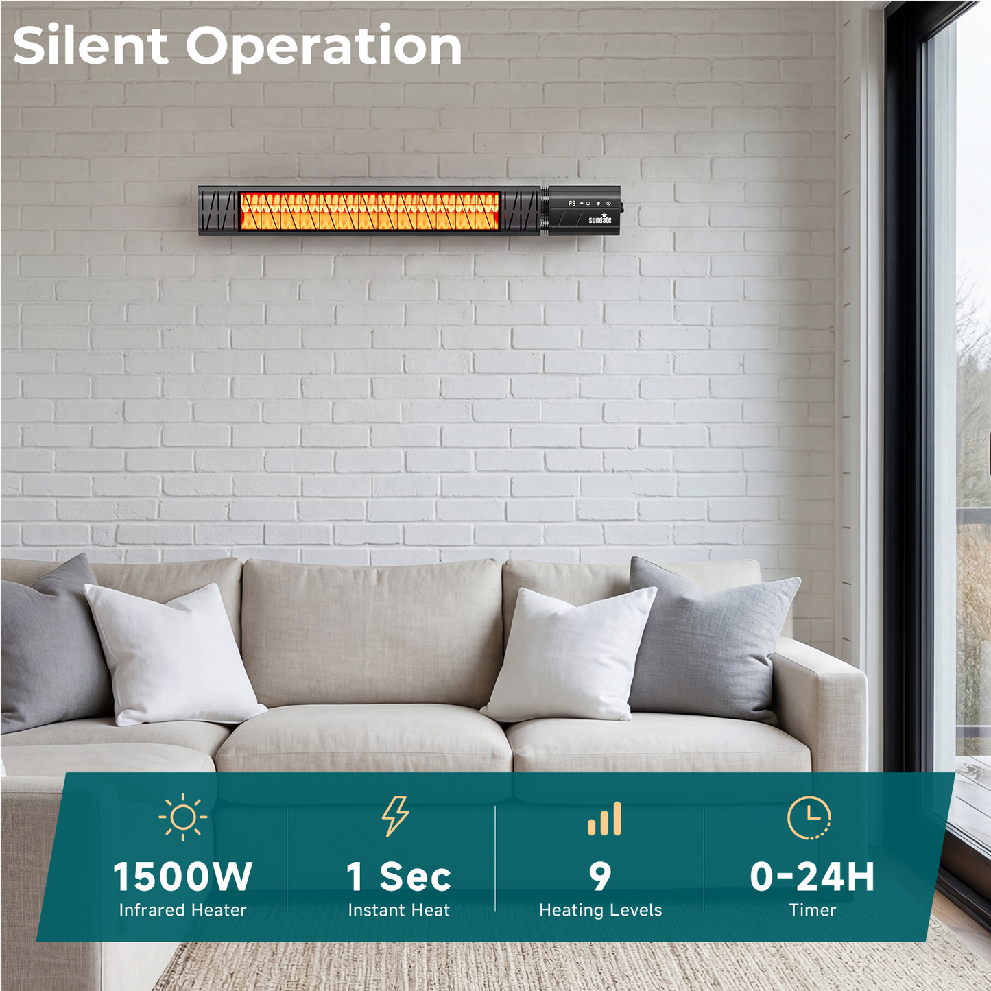 1500W Wall-Mounted Infrared Heater with Remote Control, Wifi Control, 9 Heat Levels, 24H Timers