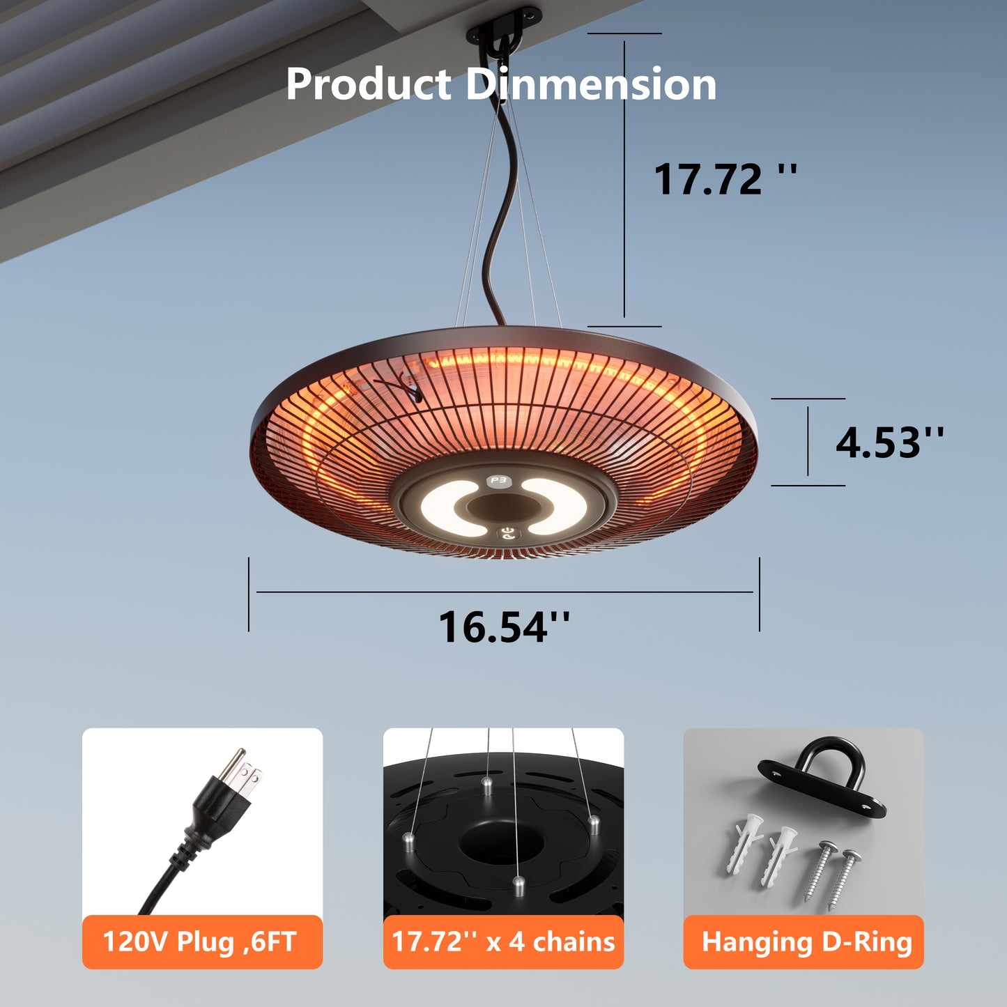 1500W Hanging Heater,Electric Ceiling Mounted Patio Heater with Light,Wifi Control, 2 Heat Levels, 24H Timers