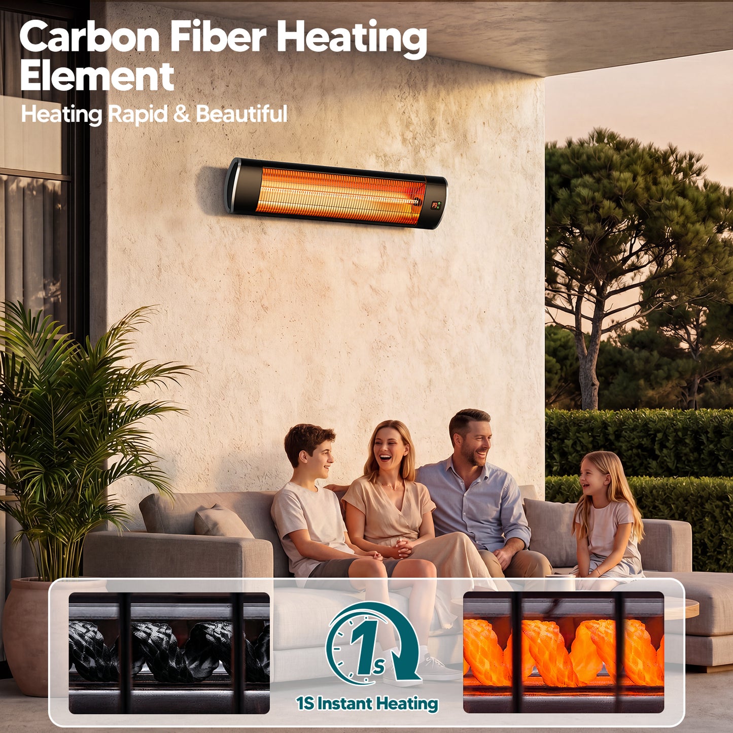1500W Wall-Mounted Electric Patio Heater for Outdoor, 3 Heat Levels, 24H Timers, 1s Heating Carbon Fiber Tube, Black
