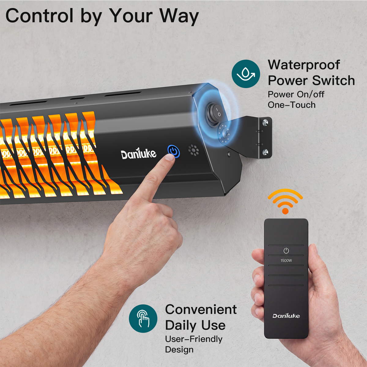 Danluke 1500W Infrared Patio Heater, Wall Mounted, Remote Control, Carbon Fiber, Black