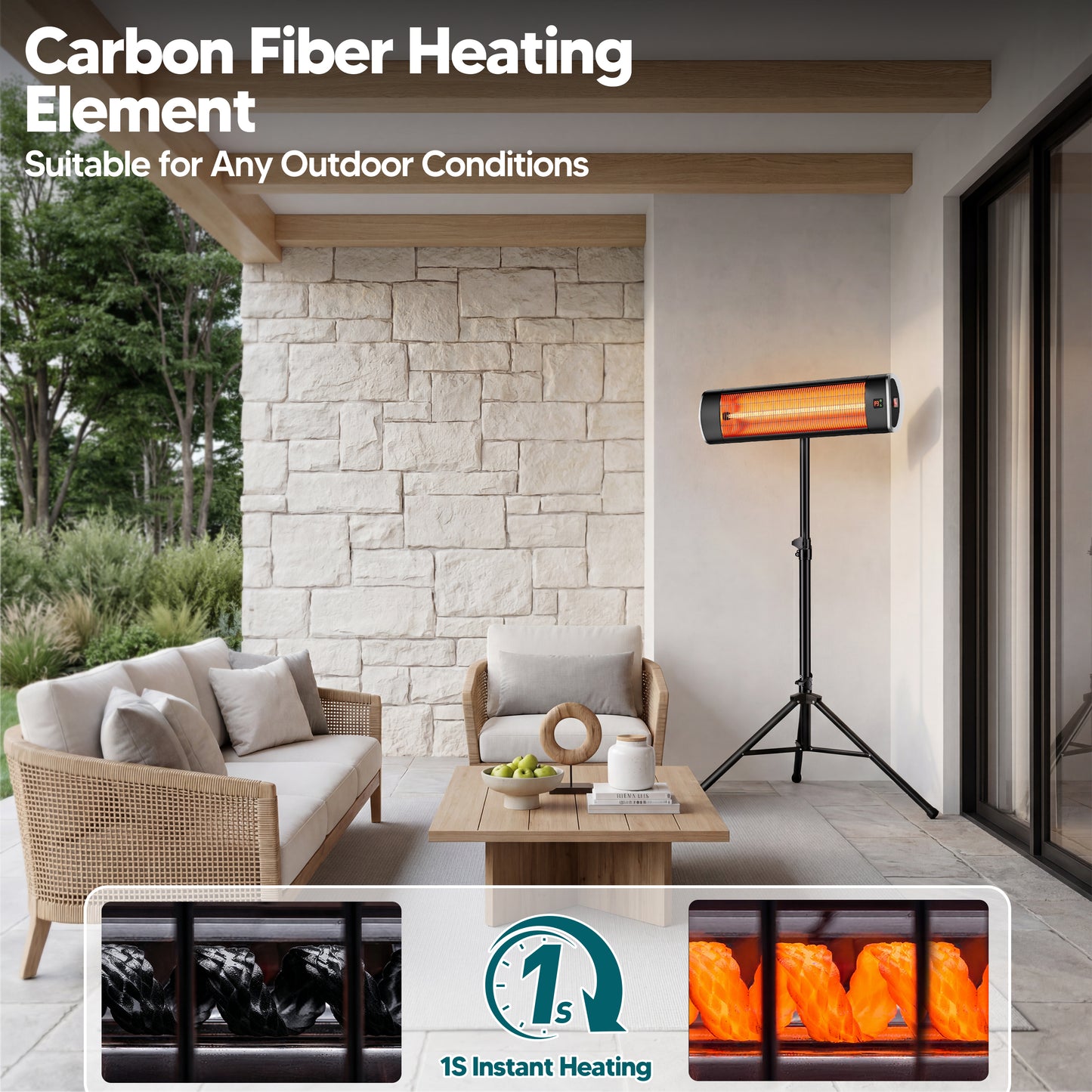 1500W  Electric Patio Heater for Outdoor with Tripod, Waterproof, Remote Control, Tip-Over Protection, Black